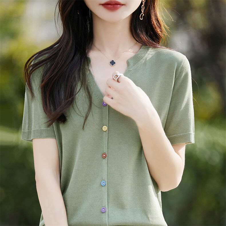 夏季新款彩扣冰丝短袖开衫女纯色宽松薄款t恤衫气质V领半袖上衣女,针织衫/毛衣,斯美雅电商供货