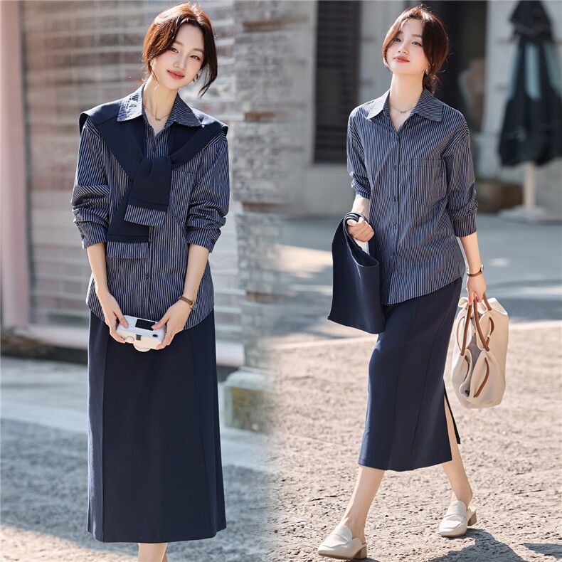 现货新款2025年宽松舒适秋季条纹披肩半身裙三件套，女装套装/套裙，蓝诺裳