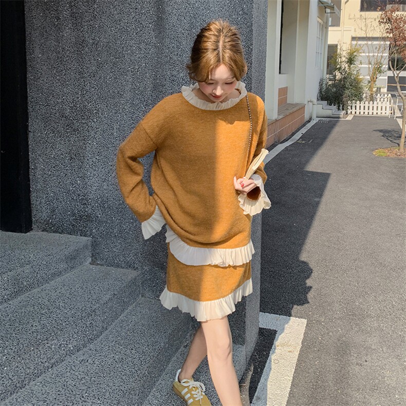 小香风针织木耳边拼接套装裙女春秋2025新款小个子两件套超火流行,女装套装/套裙,2C262