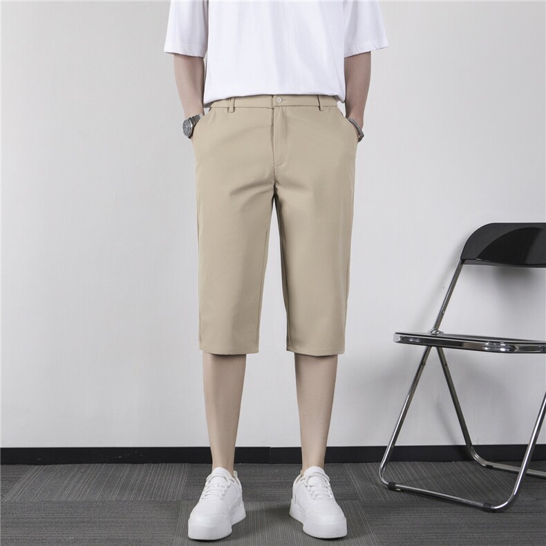 百搭ins潮流新款无品牌日系慵懒夏季冰丝商务休闲短裤六分裤宽松,男装牛仔裤,星座715-4