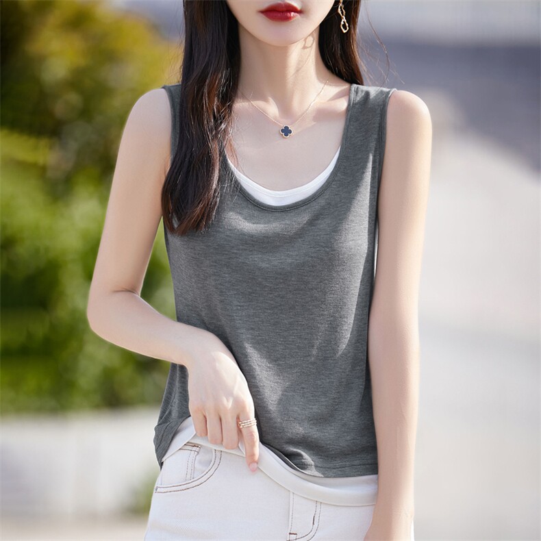 设计感假两件天丝针织吊带背心女夏辣妹宽松休闲撞色外穿无袖上衣,女装背心吊带,臻维羊绒
