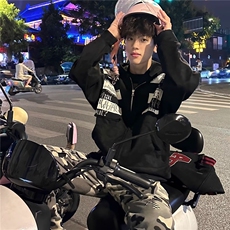 美式复古字母贴布卫衣男女秋冬季时尚休闲港味chic连帽外套，女装短外套，四季星座505