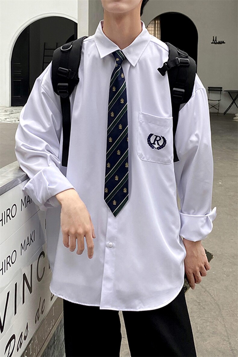 DK/JK制服港风刺绣长袖宽松阔版衬衫学生班服送领带C916-P40现货,男装衬衫,电商A157-1
