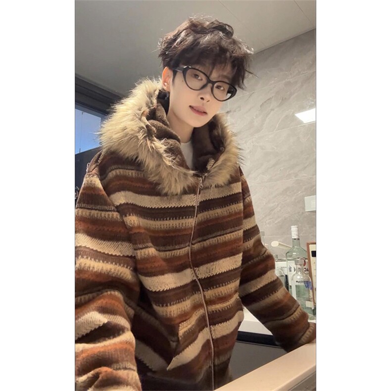 可拆卸毛领加绒卫衣慵懒风撞色条纹潮流男女DZ51213-TP75158,男装卫衣,电商A102