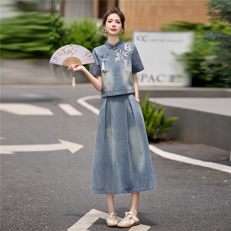 现货2026年夏季新款女装时尚气质新中式牛仔套装裙,女装套装/套裙,关键词