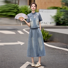 现货2026年夏季新款女装时尚气质新中式牛仔套装裙，女装套装/套裙，关键词