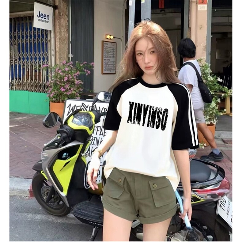 抖音得物品质二开240克宽松纯棉美式潮牌插肩三杠织带短袖T恤,男装T恤,电商A486