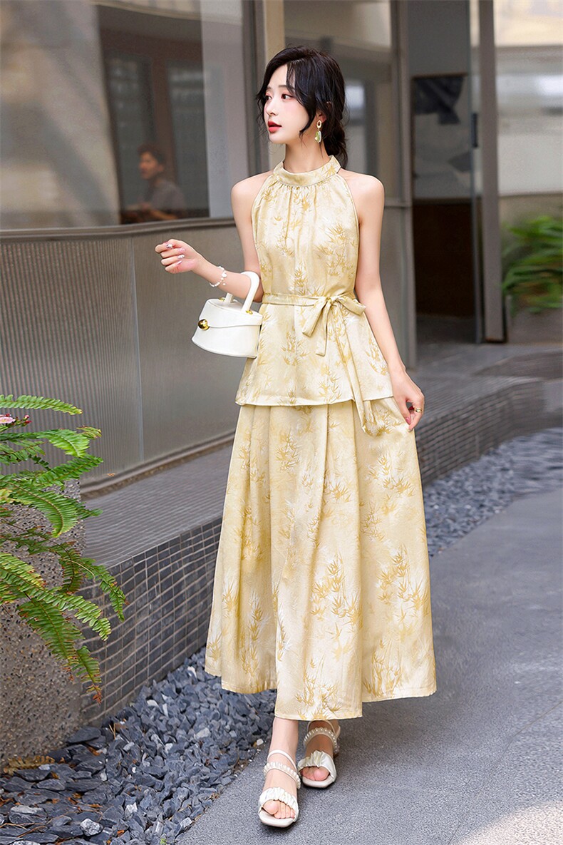 三彩2025夏季新款新中式套装无袖提花吊带两件套半身裙长裙女M,女装套装/套裙,流量+