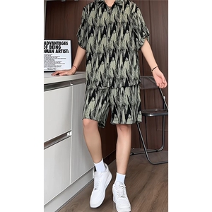 短袖衬衫男+短裤男套装男100%聚酯纤维M-5XL大码TZ78721P50控98图片