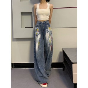 【有货】美式复古涂鸦扎染牛仔裤男女同款宽松裤子NZ803LL-特P55图片