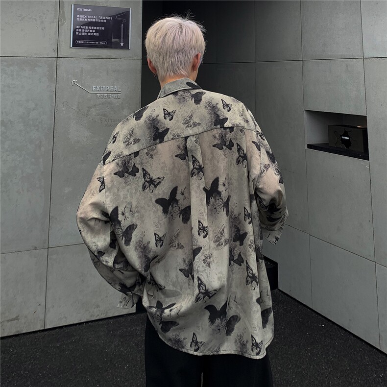 设计感蝴蝶印花衬衫长袖男春秋垂感抗皱衬衣宽松外套上衣CS88-P58,男装衬衫,电商C307