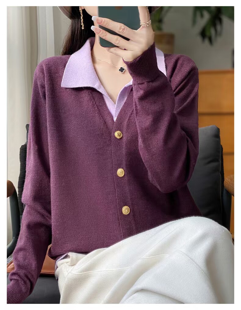 秋冬新款亲肤绒拼色翻领假两件开衫,针织衫/毛衣,东正羊绒