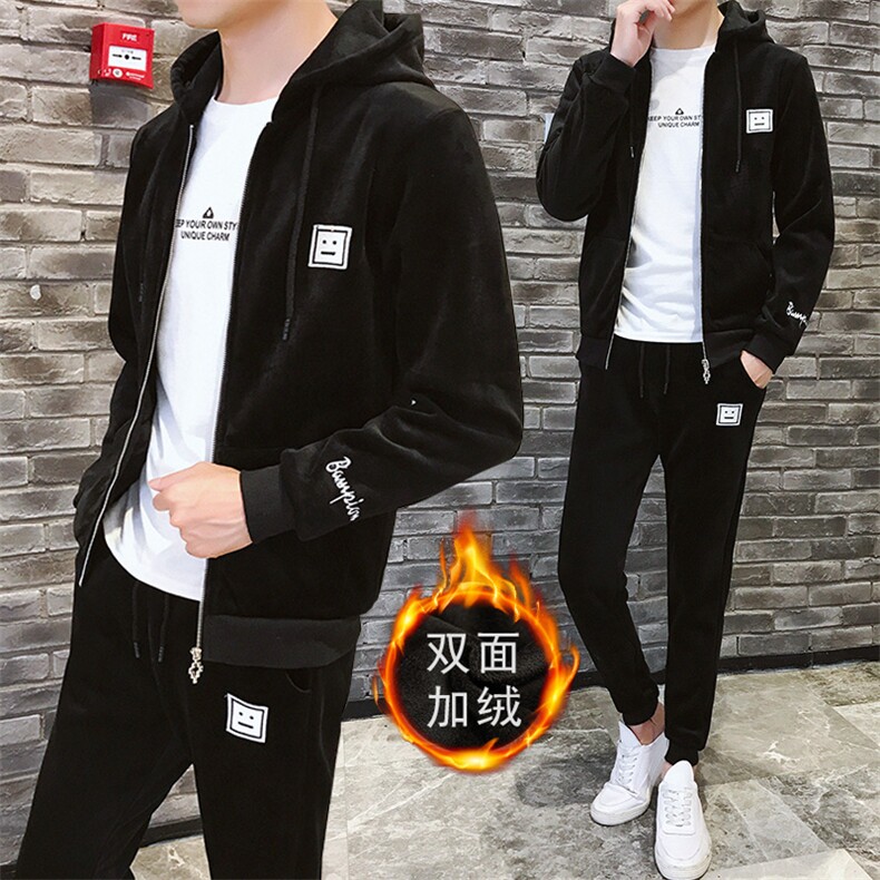 秋冬加绒加厚两件套运动连帽金丝绒开衫卫衣套装男TZ41，男装卫衣，电商A441
