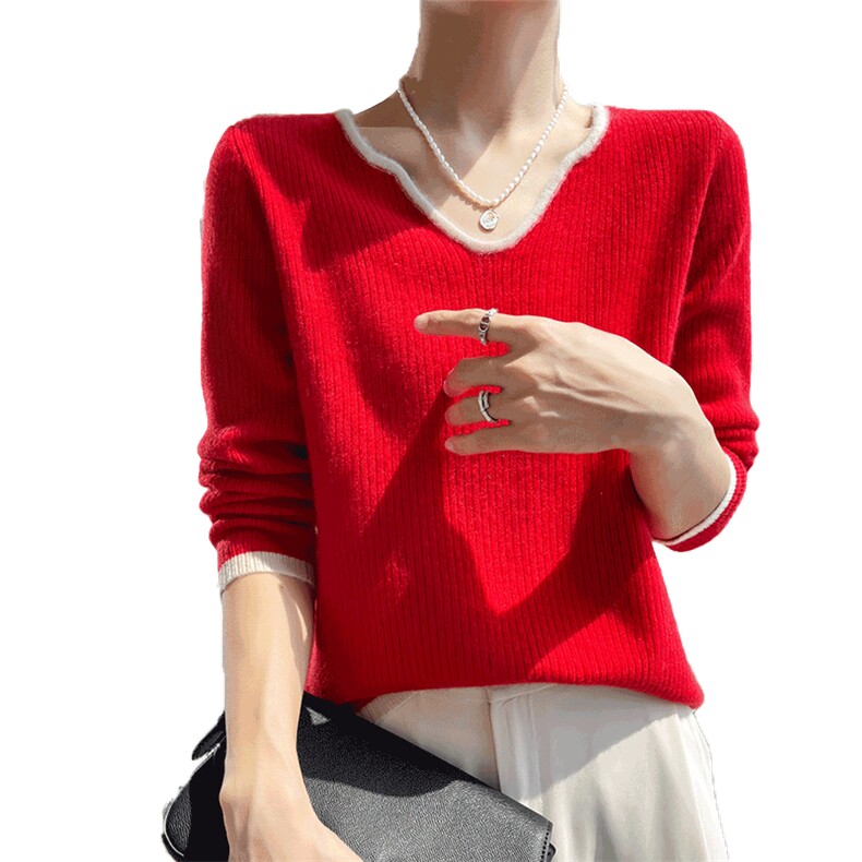 秋冬新款V领撞色100%纯羊毛衫长袖毛衣女抽条宽松羊绒针织打底衫,女装羊毛衫,宇灿羊绒