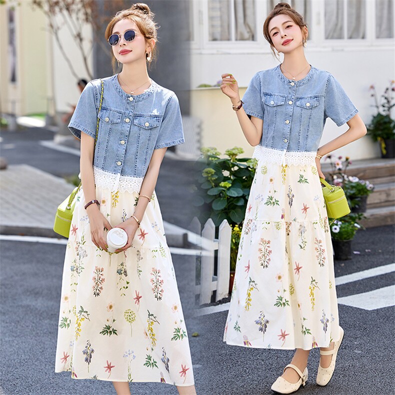 新款现货新中式夏季时尚休闲圆领拼接小上衣半身裙两件套，女装套装/套裙，丽美静依