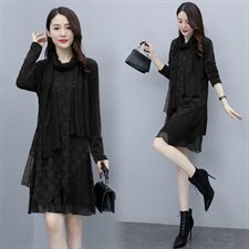 2020冬季新款蕾丝拼接网纱袖中长款加绒宽松打底连衣裙（配围巾)，女装连衣裙，安之芮娜