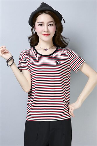 纯棉条纹运动服女夏季2025时尚洋气宽松显瘦装短袖T恤,女装T恤,板酷