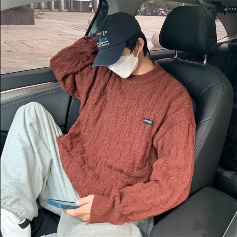 美式街头设计感圆领毛衣男慵懒风休闲针织衫M5547P50图片