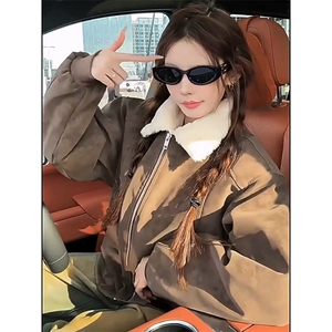 现货重磅硬挺boxy羽绒棉衣座山雕羊羔毛领洗水麂皮棉服冬外套图片