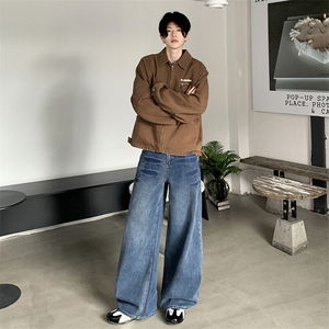 美式蓝色高腰微喇牛仔裤男女设计感不贴腿宽松阔腿长裤YD9008-P70图片