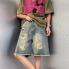 牛仔短裤男夏季美式水洗毛边破洞短裤直筒五分裤1001-1-D610-P39，男装牛仔裤，星座1001-1