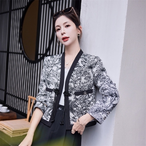 唐装女改良款潮高端提花开衫春秋长袖上衣一粒扣V领小外套图片