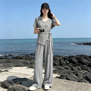 超好看韩版时尚套装女夏新款款蝴蝶结系带短袖上衣阔腿长裤两件套图片