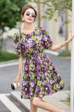 洋气黄色碎花纯棉连衣裙女2025夏新款小个子别致绝美甜美气质裙子，女装连衣裙，美沁