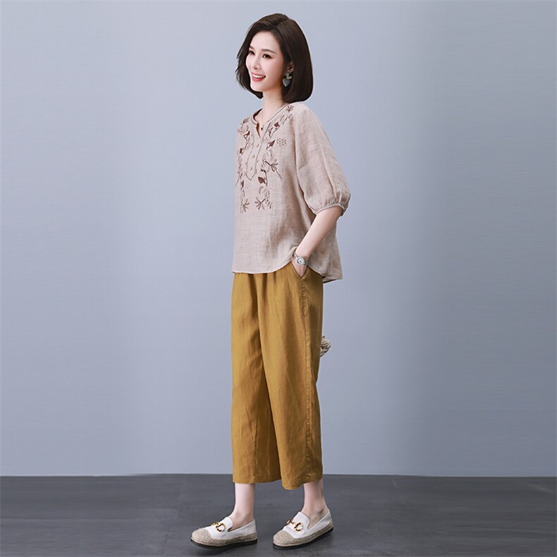 五分袖苎麻套装女2023夏季新款小个子大码休闲上衣妈妈亚麻两件套,女装套装/套裙,独衣靓