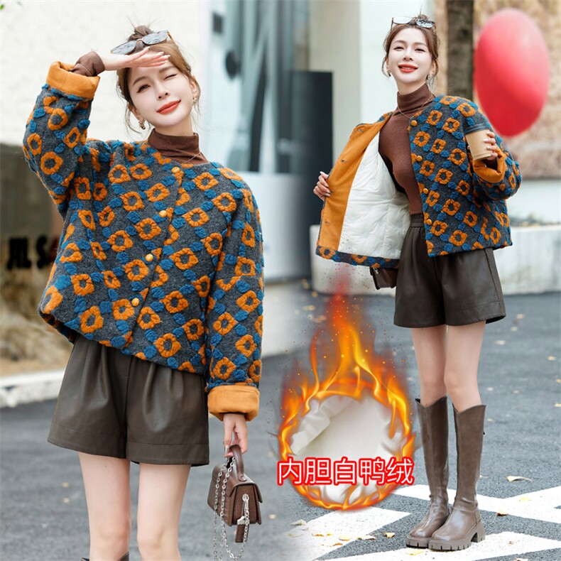 撞色立体花朵白鸭绒内胆羊毛呢女2024冬新款洋气减龄小香风羽绒服图片