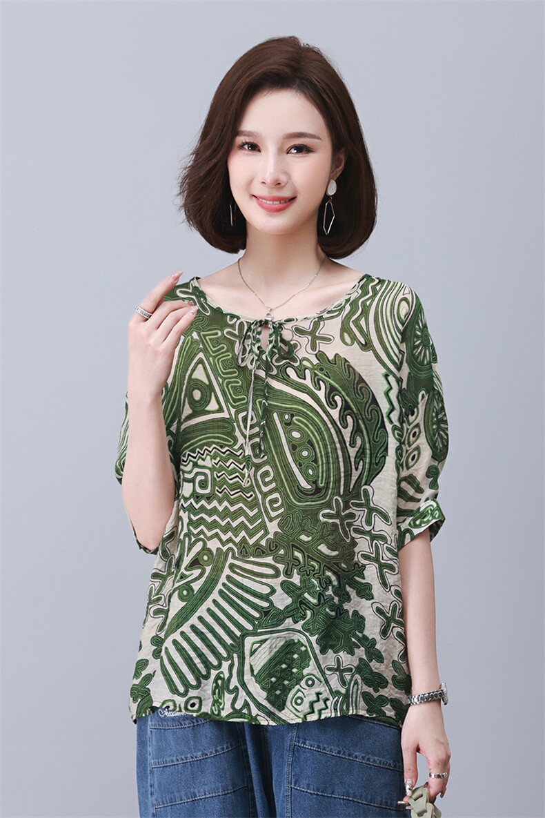 时尚宽松印花系绳短袖上衣舒适百搭显瘦女装衬衫,女装衬衫,叶笙衣