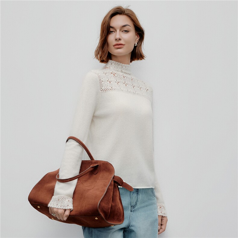 新款2025秋冬立领镂空钩花长袖山羊绒毛衣女，女装羊绒衫，阿舍尔精品