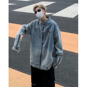 渐变水洗牛仔外春秋季设计感毛边拉链装饰工装夹克潮J3343-P80图片