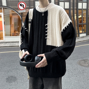 B182-P48 慵懒风设计感小众套头针织衫秋冬季潮牌拼接撞色毛衣男图片