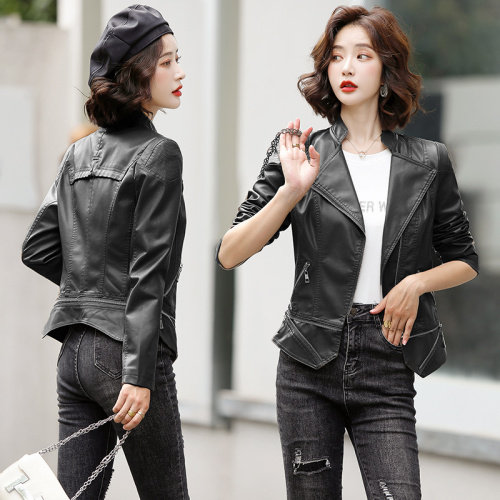 时尚修身显瘦皮衣女短款机车服外套小夹克上衣,女装皮衣,江南女神