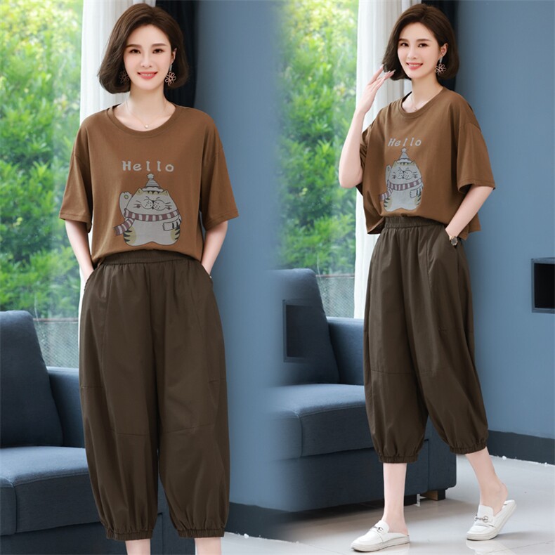 休闲套装女夏2026新款薄款年轻短袖休闲裤妈妈宽松气质时尚两件套，女装套装/套裙，简韵佳