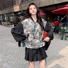 国风水墨印花拼接棒球服外套女春秋新款高级感复古时尚小个子上衣，女装短外套，2C118