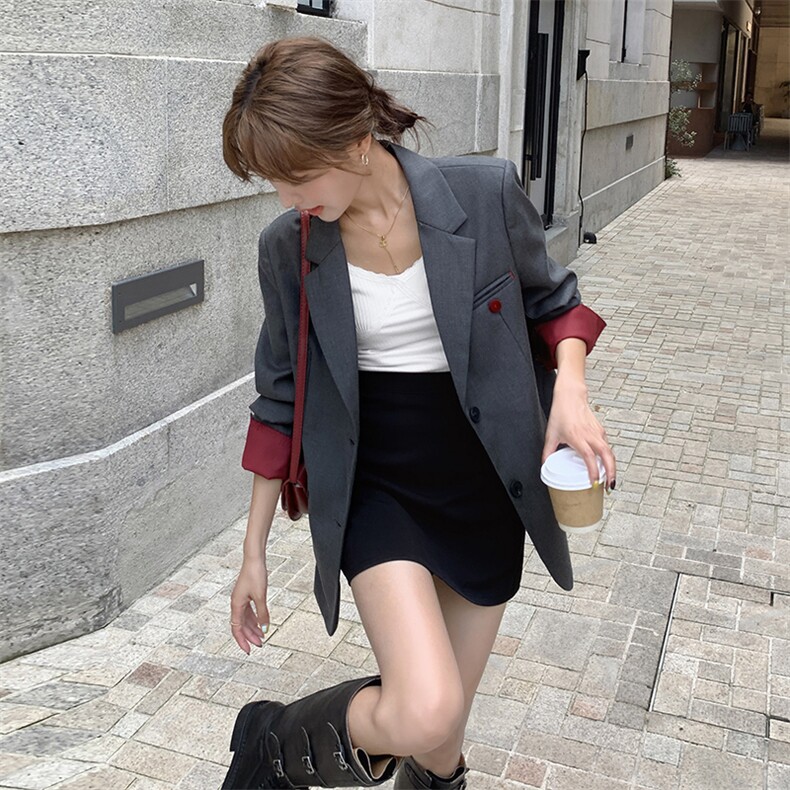 红灰色拼接西装外套女春秋2025新款韩系简约设计感西服爆款，女装西装，素月