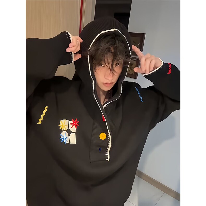 网图刺绣连帽针织衫男高级感卫衣美式复古情侣外套MY030-特P75,男装针织衫/毛衣,星座1007（原301D）