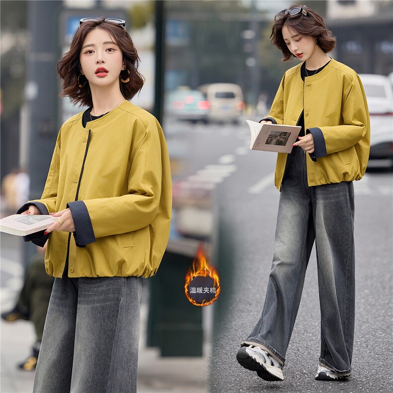 黄色宽松巨好看小个子棉服女撞色拼接2025冬季新款短外套气质，女装棉衣/棉服，梦懿尔