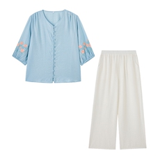 独特漂亮苎麻夏季2025新款宽松刺绣天丝衬衫棉麻裤妈妈，女装大码女装，木橙西子