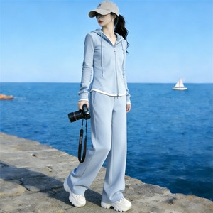 韩系运动休闲套装女春新款撞色拼接半拉链长袖卫衣阔腿长裤两件套，女装套装/套裙，江南