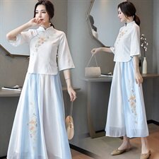 民族风刺绣套装女夏季2024新款复古中国风文艺禅意改良旗袍两件套，女装套装/套裙，芷墨服饰