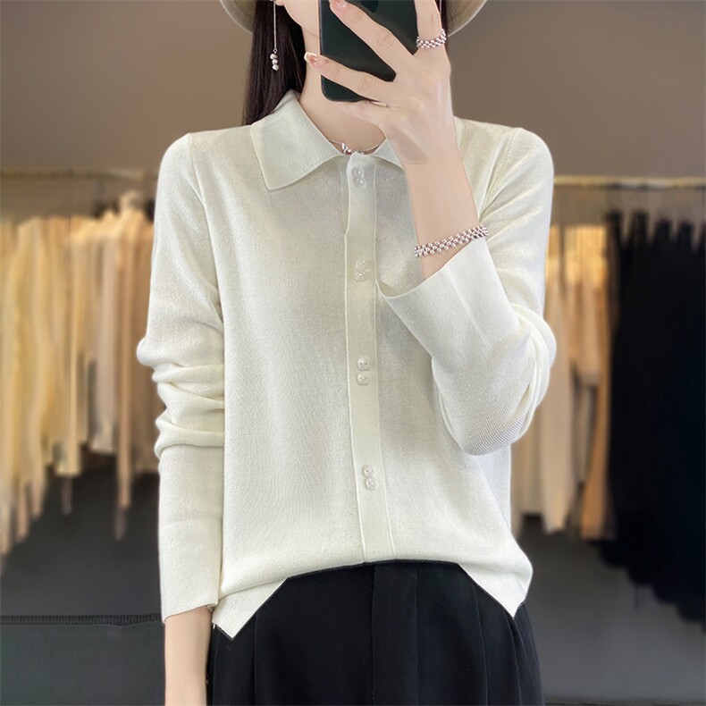 法式气质翻领针织长袖衬衫女假开衫POLO领套头薄毛衣百搭叠穿上衣,针织衫/毛衣,暖烁羊绒
