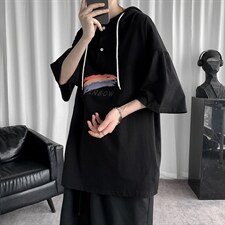 LD54064-P45连帽短袖t恤男大码胖子带帽五分袖中袖，男装T恤，电商A040