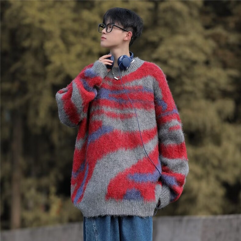 美式复古撞色毛衣男女ins潮牌宽松设计懒惰风情侣针织衫BH616-p48图片