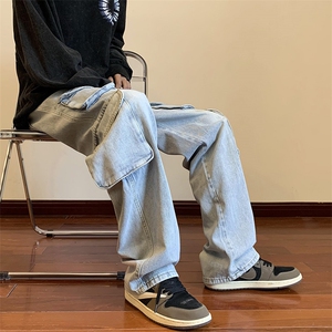 高街vibe裤男小众设计感美式复古牛仔裤男直筒宽松工装裤0241-p53图片
