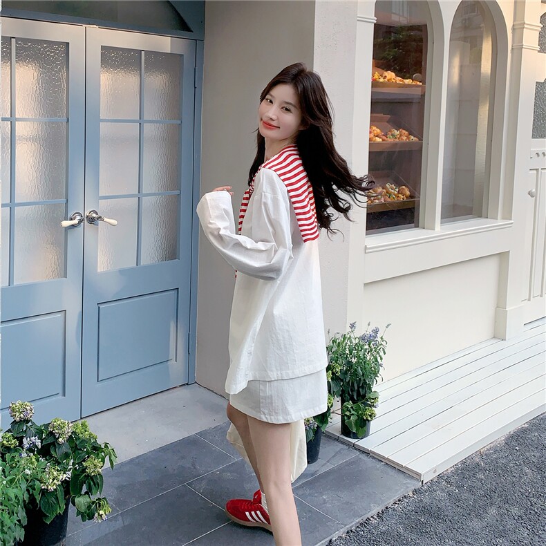 高级感条纹披肩轻薄防晒套装2025夏季学院风长袖T恤搭短裙两件套，女装套装/套裙，浙宝A馆126