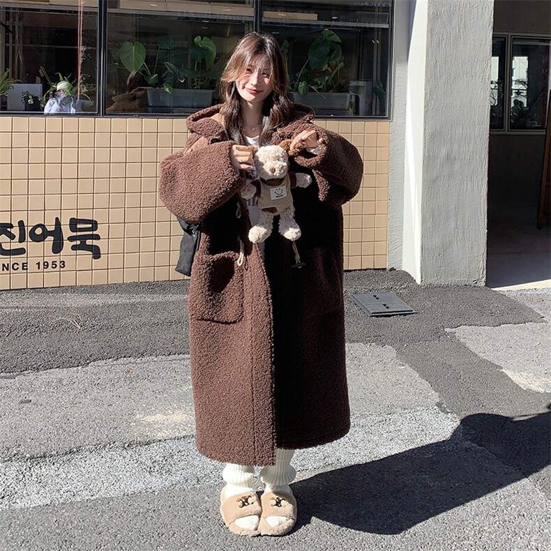 棕色oversize羊羔毛外套女2024冬新款慵懒风宽松加厚皮毛一体大衣,女装皮草,2C272