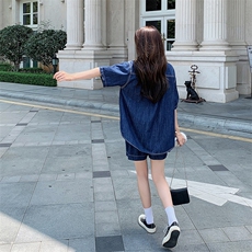 现货~！夏季薄款深蓝牛仔短袖短裤两件套套装女，女装套装/套裙，辉之琳